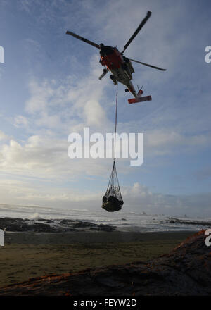 Ein Coast Guard Air Station Astoria basierenden MH-60 Jayhawk Hubschrauberbesatzung hebt eine Netze voller Strand Schutt und Müll vom Strand in der Nähe von Neah Bay, Washington, 22. Januar 2016. Mehr als vier Hubschrauber Reisen wurden vorgenommen, um den Strand aus Kunststoff und andere Formen der Papierkorb zu löschen. Stockfoto