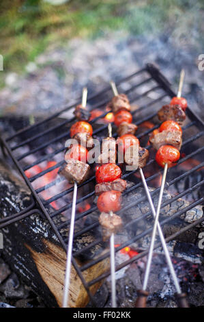 Stücke von Rind und Cherry Tomaten Kebab Grillen am Spieß über brennende Glut der Lagerfeuer Stockfoto