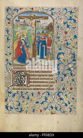 Willem Vrelants Illustrationen aus einer beleuchteten Handschrift zeigen sein detailliertes Werk in mittelalterlicher Handschriftenkunst. Diese lebendigen Darstellungen halten die lebendigen Farben und komplizierten Designs dieser Zeit fest. Stockfoto