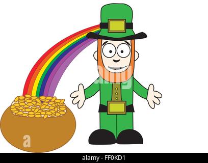 Karikatur von Kobold in grüne Hose und Jacke mit offenen Armen neben Topf voll Gold am Ende des Regenbogens steht lächelnd. Stock Vektor