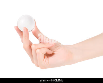 Frau Hand mit Glaskugel isoliert auf weiss mit Beschneidungspfad Stockfoto
