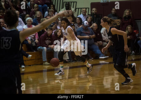Florida, USA. 10. Februar 2016. ZACK WITTMAN | Times.Seffner Christian huhu Hall dribbelt nach unten das Gericht vorbei Kalvarienberg Verteidiger während das Mädchen 3A regionale Halbfinale, Seffner Christian gegen christliche Golgatha, an der Abguss Christian High School am Dienstag Abend, 9. Februar 2016. © Tampa Bay Times / ZUMA Draht/Alamy Live News Stockfoto