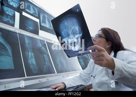 Hispanische Arzt Röntgenaufnahmen im Krankenhaus untersuchen Stockfoto