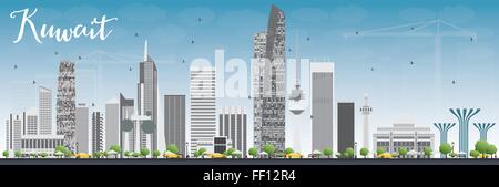 Kuwait-Stadt Skyline mit grauen Gebäuden und blauer Himmel. Vektor-Illustration. Geschäftsreisen und Tourismus-Konzept Stock Vektor