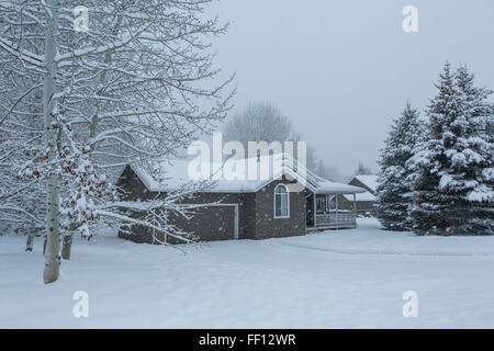 Haus und verschneiten Vorgarten Stockfoto