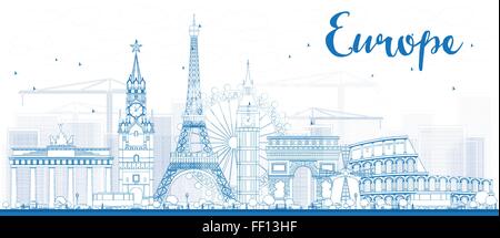 Berühmte Sehenswürdigkeiten in Europa. Vektor-Illustration zu skizzieren. Business-Reisen und Tourismus-Konzept mit Platz für Text. Stock Vektor