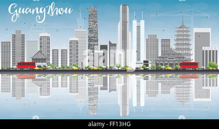 Guangzhou-Skyline mit grauen Gebäuden, blauer Himmel und Reflexionen. Vektor-Illustration. Geschäftsreisen und Tourismus-Konzept Stock Vektor