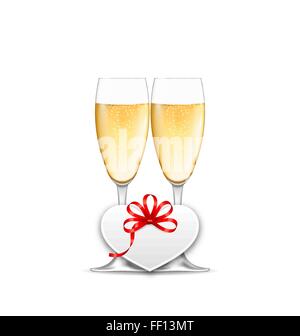 Weingläser von Champagner und Papier-Postkarte für Happy Valentines Stock Vektor