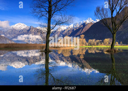 Das Naturschutzgebiet Pian di Spagna überflutet mit schneebedeckten Gipfeln spiegelt sich im Wasser, Valtellina, Lombardei, Italien, Europa Stockfoto