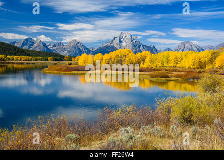 Mount Moran und die Teton Range von Oxbow Bend, Snake River, Grand Teton NationaRM Park, Wyoming, Vereinigte Staaten von Amerika Stockfoto