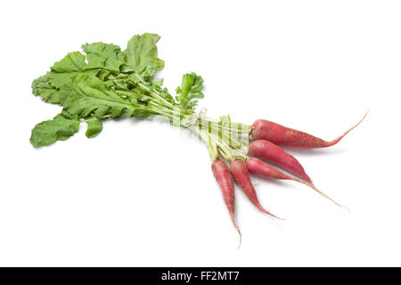 Frische Radieschen mit grünen Blättern auf weißem Hintergrund Stockfoto