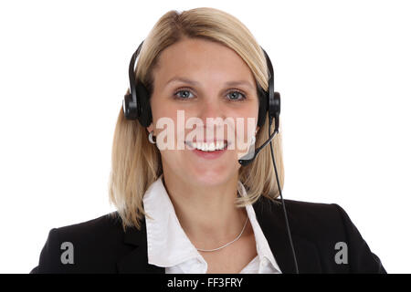 Rufen Sie Zentrum Frau Porträt Sekretär mit Kopfhörer Telefon Telefon Geschäft isoliert auf weißem Hintergrund Stockfoto