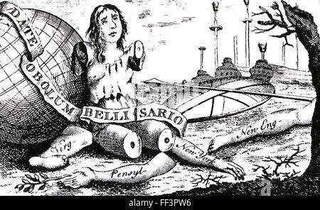 Amerikanischer Staatsmann BENJAMIN FRANKLIN (1706-1790). Seine Cartoon "Magna Britannia: ihre Kolonien Gussasphalt hatte" zeigt eine geblendet und zerstückelte Brittania leiden das gleiche Schicksal wie der byzantinische General Belisarius. Stockfoto