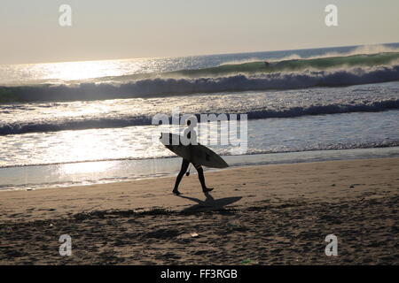 Surfer mit Board zu Fuß am Strand von El Palmar, Vejer De La Frontera, Provinz Cadiz, Spanien Stockfoto