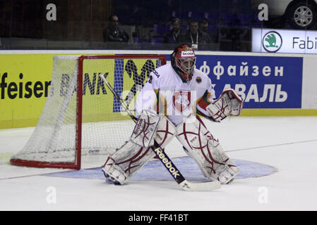 Kiew, UKRAINE - 18. April 2011: Torhüter Mantas Armalis Litauen in Aktion während der IIHF Eishockey World Championship DIV I Gruppe B gegen die Ukraine am 18. April 2011 in Kiew, Ukraine Spiel Stockfoto