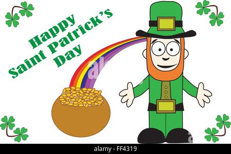 Glücklich St. Patricks Day Gruß mit Kobold, Topf voll Gold am Ende der Regenbögen und Kleeblätter auf weißem Hintergrund. Stock Vektor
