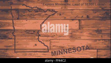 Minnesota State Karte Marke auf Holzbrettern mit Karte Umriss und Staat motto Stock Vektor