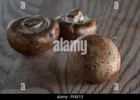 Nahaufnahme von einer Küche Schneidbrett mit organischen rohe Pilze darauf Stockfoto