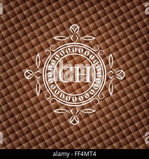 Coffee House. Elegante Luxus floral Monogramm Frame Vorlage auf Schokolade braun geometrischen Hintergrund Stock Vektor