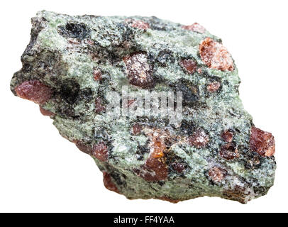 Makroaufnahmen von mineralischen Naturstein - Eklogit Stück mit Granat (rot) und kristallinen Omphazit (grau-grün) Grundmasse Stockfoto