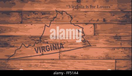 Virginia Zustand Karte Marke auf Holzbrettern mit Karte Umriss und Staat motto Stock Vektor