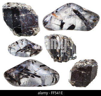 natürliches Mineral stones - Exemplare von Schörl (schwarzer Turmalin) in Kristallen und Quarz Edelsteine getrommelt und Felsen zu isolieren Stockfoto