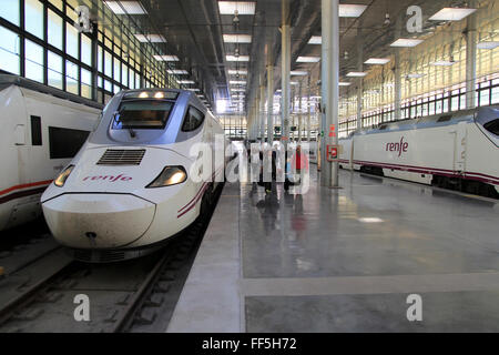 RENFE-Züge am Bahnhofsgebäude Plattform zu installieren, Cadiz, Spanien Stockfoto