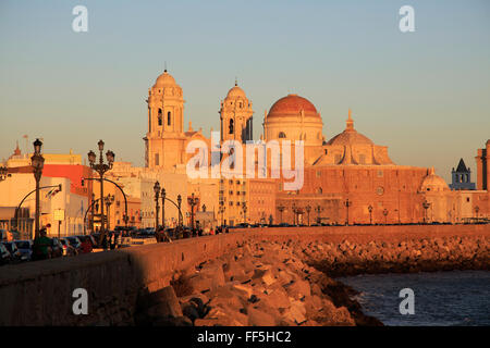 Kathedrale Kirchengebäude angesehen vom Meer entfernt, Cadiz, Spanien Stockfoto