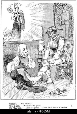Politik, Ligen, Dreifache Allianz 1882, Karikatur, Bundeskanzler des Deutschen Reiches Otto von Bismarck versucht den italienischen Stiefel, neben dem italienischen Ministerpräsidenten Francesco Crispi, Holzstich, 'Le Triboulet', Frankreich, 1888, Zusatzrechte-Clearences-nicht vorhanden Stockfoto