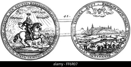 30 Jahre Krieg 1618 - 1648,Französische Intervention,Eroberung der Reichsburg Breisach am Rhein durch Bernhard von Sachsen-Weimar,17.12.1638,Gedenkmünze,Vorder- und Rückseite,Holzstich,19. Jahrhundert,Belagerung,Belagerung,Reich,Münze,Münzen,Reiterbild,Ansicht,Ansichten,Generäle,Haus von Wettin,Ernestine Linie,Selle - Weimar,Breisgau,Baden-Württemberg,Baden-Württemberg,Württemberg,Württemberg,Württemberg,Württemberg,Württemberg,Württemberg,Deutschland Stockfoto