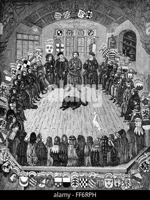 Politik,parlament,Deutschland,Schwäbischer landrat,Sitzung im Rathaus von Ulm oder Esslingen,Anfang des 16. Jahrhunderts,nach zeitgenössischer Malerei,Holzstich,19. Jahrhundert,Schwäbischer Kaiserkreis,Heiliges Römisches Reich,Schwaben,Menschen,Mann,Adel,Adel,Prinz,Fürsten,Stände,Klerus,Reichsstadt,Prälat,Grafen,Graf,Graf von Hohenzollern,Bischof,Grabhunde,Grafen von Augsburg-von Konstanz,Grafen,Grafen von Konstanz,Grafen von Baden-Hunden,Würden,Würden,Würden,Höhenzollern,Würden,Königliche,Königliche-Höfe,Königliche,Königliche-Höfe,Königliche,Königliche,Königliche,Königliche Sammlung,König Stockfoto