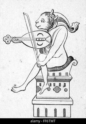 Musik, Musiker, rebec spielen Teufel, Skulptur, Kathedrale von Amiens, 13. Jahrhundert, Holzstich, 19. Jahrhundert, rebec Spieler, Musikinstrument, Musikinstrumente, aulos, gebeugte Instrument, gebeugte Instrumente, die Saiten, Saiteninstrument, Saiteninstrumente, Saiteninstrumente, Chordophon, Bögen, Bogen, Musik machen, Musik machen, Musik machen, Musik spielen, macht Musik, spielt Musik, Musik, gespielt Musik, Mittelalter, Religion-Teufel-Religion, Religion Stockfoto