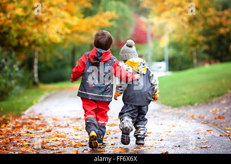 Zwei Kinder, Streit um Spielzeug im Park an einem regnerischen Tag, Herbstzeit Stockfoto