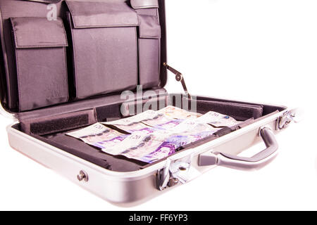 Koffer voller Geld Geld für Deal Angebote Fall sicheren Austausch zwielichtigen Lösegeld-Zahlung-Ausschnitt ausschneiden weißen Hintergrund isoliert Stockfoto