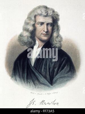 SIR ISAAC NEWTON (1642-1727). /nEnglish Physiker und Mathematiker. Farbe Stahl Gravur, Deutsch, 19. Jahrhundert. Stockfoto