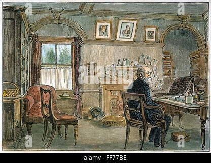 CHARLES DARWIN (1809-1882). /nEnglish Naturforscher. In der Studie seines Hauses in nach unten, in der Nähe von Beckenham, Kent, England. Holz, Gravur, Englisch, 1887. Stockfoto