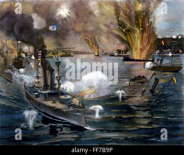 SPANISCH-AMERIKANISCHEN KRIEGES 1898. /nThe Schlacht von Manila Bay, 1. Mai 1898. Zeitgenössische amerikanische Lithographie. Stockfoto