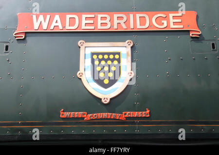 Wadebridge Typenschild auf SR gemobbt Pacific Steam Locomotive Mitte Hants Railway Stockfoto