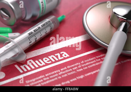 Influenza. Medizinisches Konzept auf rotem Grund. Stockfoto