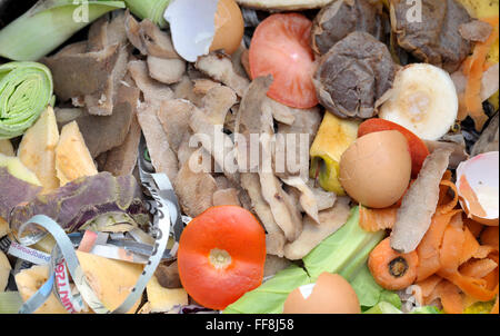 Kompostierung und Wurm Bauernhof Materialmix mit Obst, Gemüse Rohkost Küchenabfälle mit zerrissenen Zeitung in einem Wurm bin Stockfoto