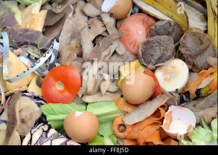 Kompostierung und Wurm Bauernhof Materialmix mit Obst, Gemüse Rohkost Küchenabfälle mit zerrissenen Zeitung in einem Wurm bin Stockfoto