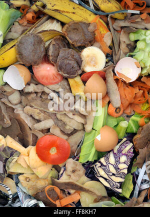 Mischung aus Materialien, bestehend aus Obst und Gemüse essen Küchenabfälle mit zerrissenen Zeitung Kompostierung. Stockfoto