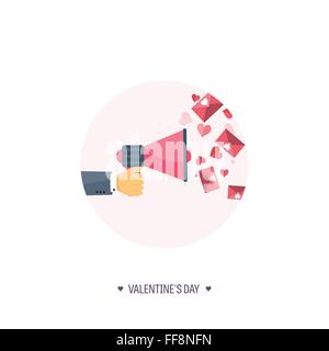 Vektor-Illustration. Flachen Hintergrund mit Lautsprecher. Liebe, Herzen. Valentines Day. Mein Valentin sein. 14 Februar.  Nachricht. Stock Vektor