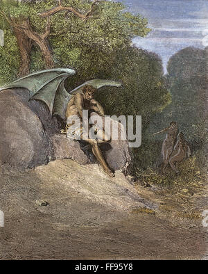 MILTON: PARADISE LOST. /nSatan, mit Adam und Eva im Hintergrund. Kupferstich nach Gustave DorΘ auf eine Edition des 19. Jahrhunderts von John Miltons "Paradise Lost". Stockfoto