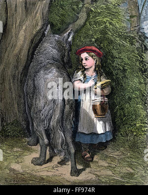 LITTLE RED RIDING HOOD. /nLittle Red Riding Hood trifft den Wolf im Wald auf dem Weg zu ihrer Großmutter zu besuchen. Holzstich nach Gustave DorΘ, 19. Jahrhundert. Stockfoto