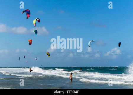 Kiteboarder, Cabarete Strand, Nordküste, Dominikanische Republik Stockfoto