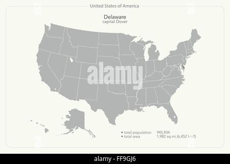 Vereinigte Staaten von Amerika isoliert Karte und Delaware Staatsgebiet. politische Karte der USA Vektor. geografischen Banner-design Stock Vektor