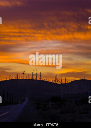 Bauernhof Windenergieanlagen auf Berggipfeln bei Sonnenuntergang von Palm Springs, Kalifornien. Stockfoto