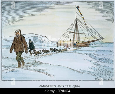 ROALD AMUNDSEN (1872-1928). /nNorwegian Polarforscher, mit seiner Crew Navigation die Nordwest-Passage in der 47-Tonne-Schaluppe "Gjöa", 1903-06. Zeichnung von Charles W. Jefferys. Stockfoto