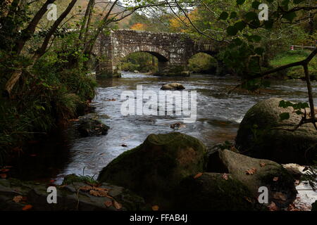 17. Jahrhundert Stein Bogen Fingle Bridge überqueren den Fluss Teign in der Nähe von Drewsteignton, Dartmoor National Park, Devon, England. Stockfoto